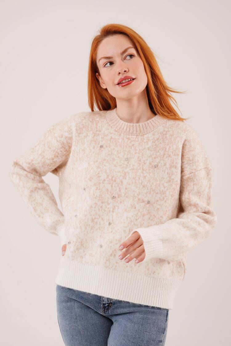 Beige Sweater With Oversized Fit And Crew Neck - Brand: Lustrin - Women & Kids, Baby Clothes Wholesale - Globality Store