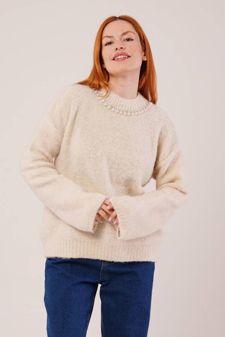 Beige Oversized Fit Sweater With Round Neck