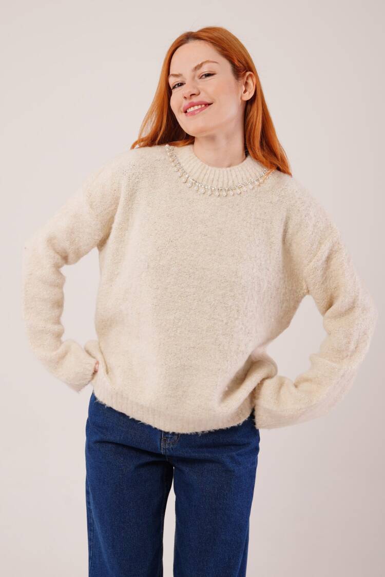 Beige Oversized Fit Sweater With Round Neck