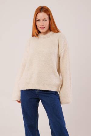 Beige Oversized Fit Sweater With Round Neck - Brand: Lustrin - Women & Kids, Baby Clothes Wholesale - Globality Store