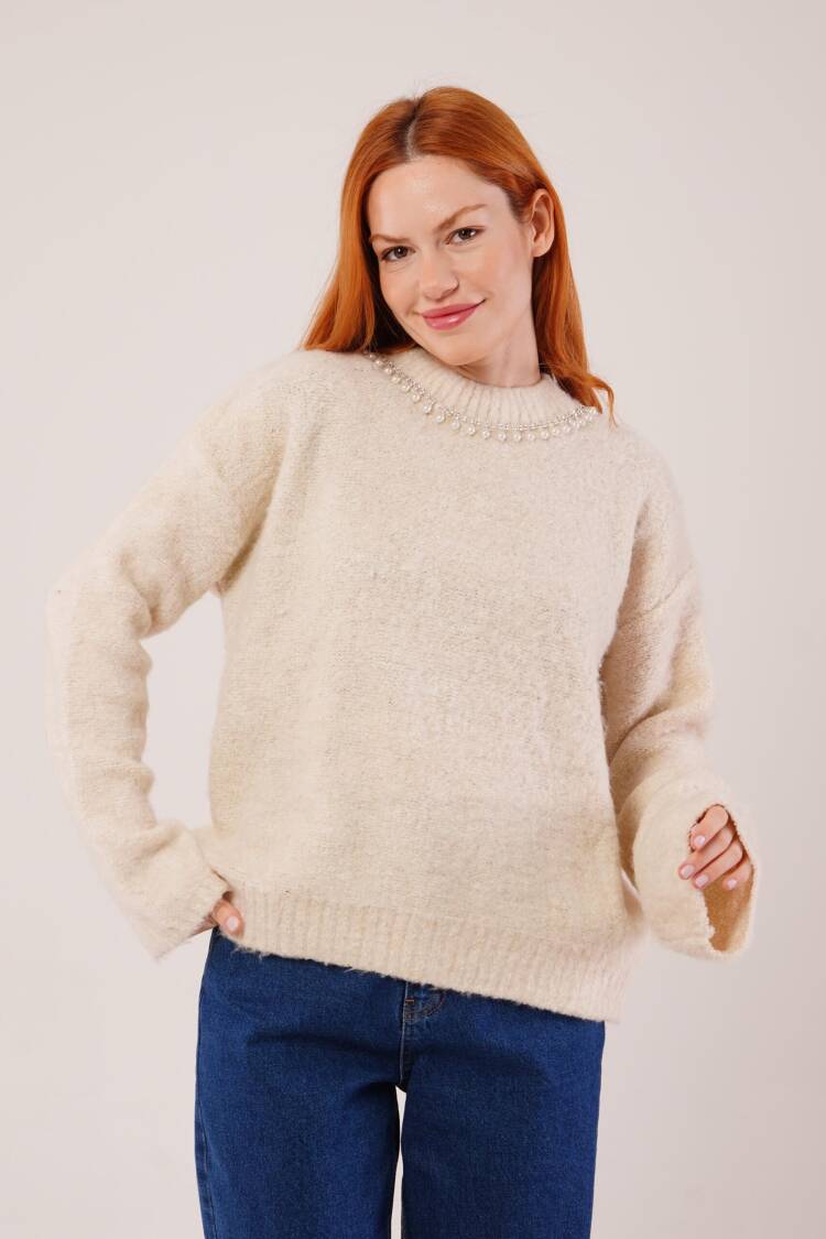 Beige Oversized Fit Sweater With Round Neck - Brand: Lustrin - Women & Kids, Baby Clothes Wholesale - Globality Store