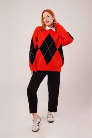 Red Argyle Oversized Fit Sweater - Brand: Lustrin - Women & Kids, Baby Clothes Wholesale - Globality Store