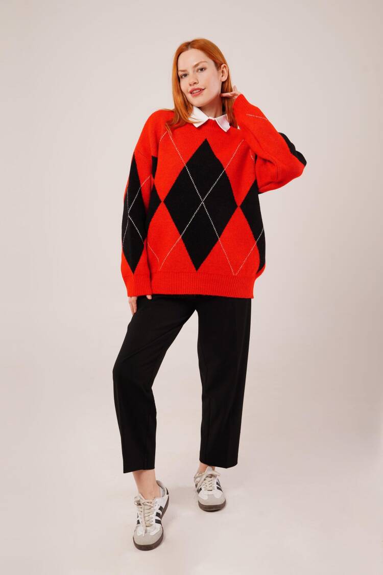 Red Argyle Oversized Fit Sweater