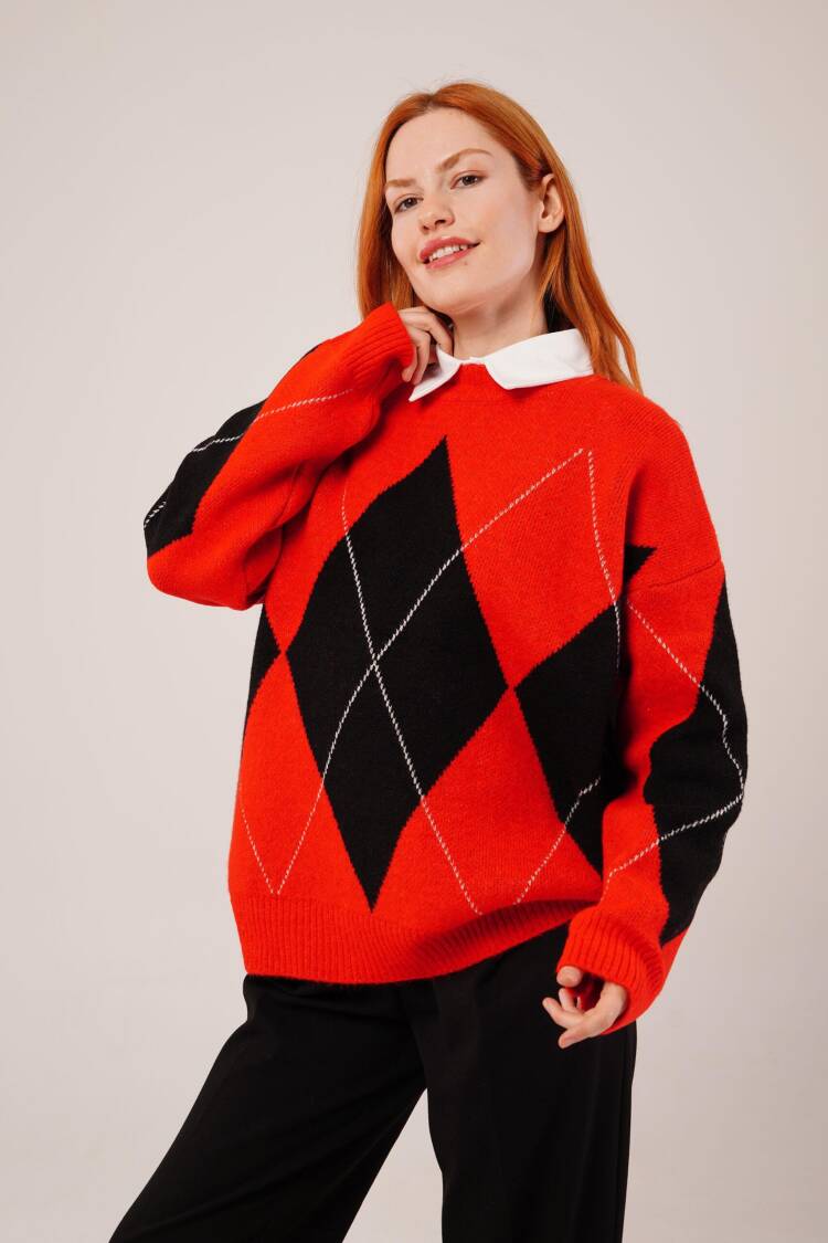 Red Argyle Oversized Fit Sweater