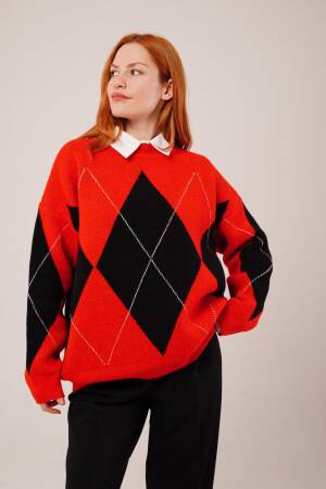 Red Argyle Oversized Fit Sweater - Brand: Lustrin - Women & Kids, Baby Clothes Wholesale - Globality Store