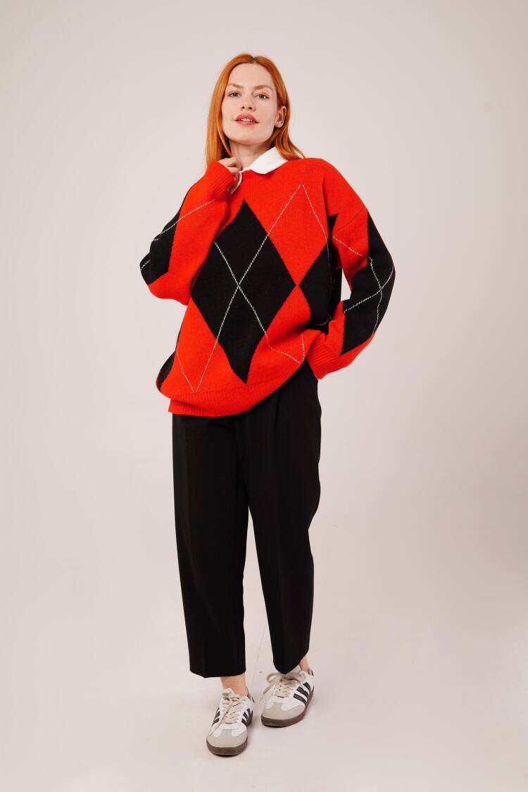 Red Argyle Oversized Fit Sweater