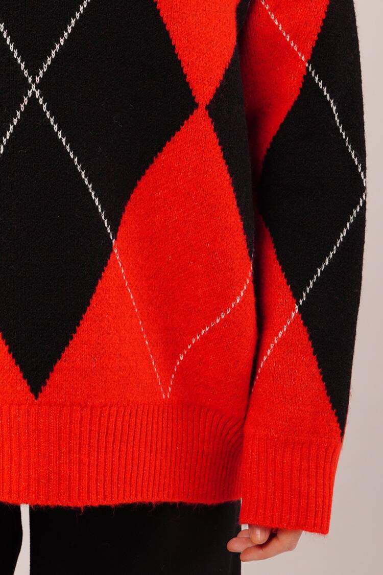 Red Argyle Oversized Fit Sweater