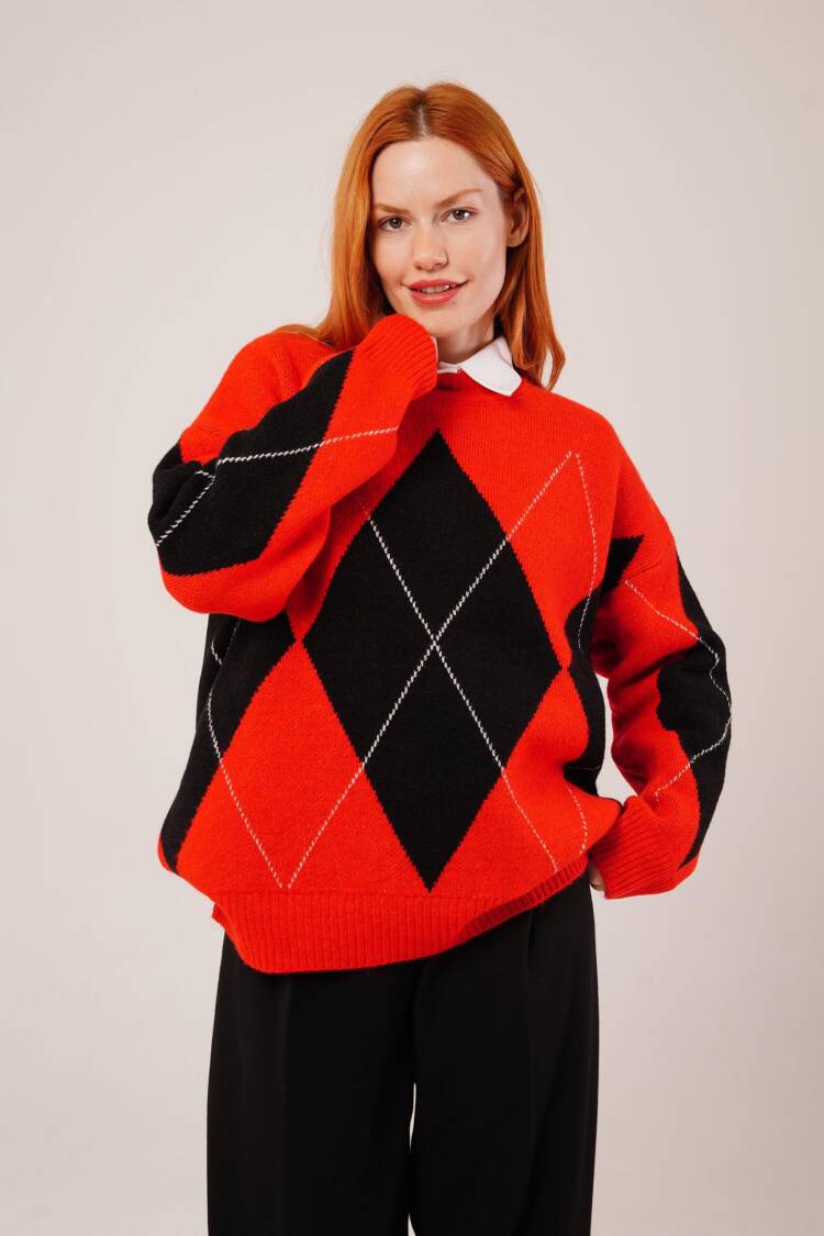 Red Argyle Oversized Fit Sweater - Brand: Lustrin - Women & Kids, Baby Clothes Wholesale - Globality Store