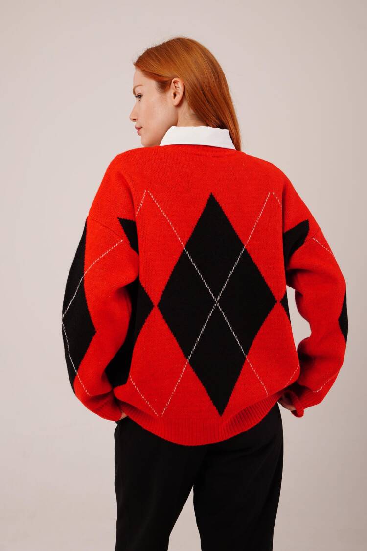 Red Argyle Oversized Fit Sweater