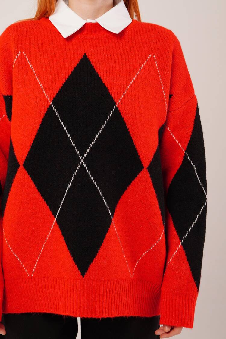 Red Argyle Oversized Fit Sweater