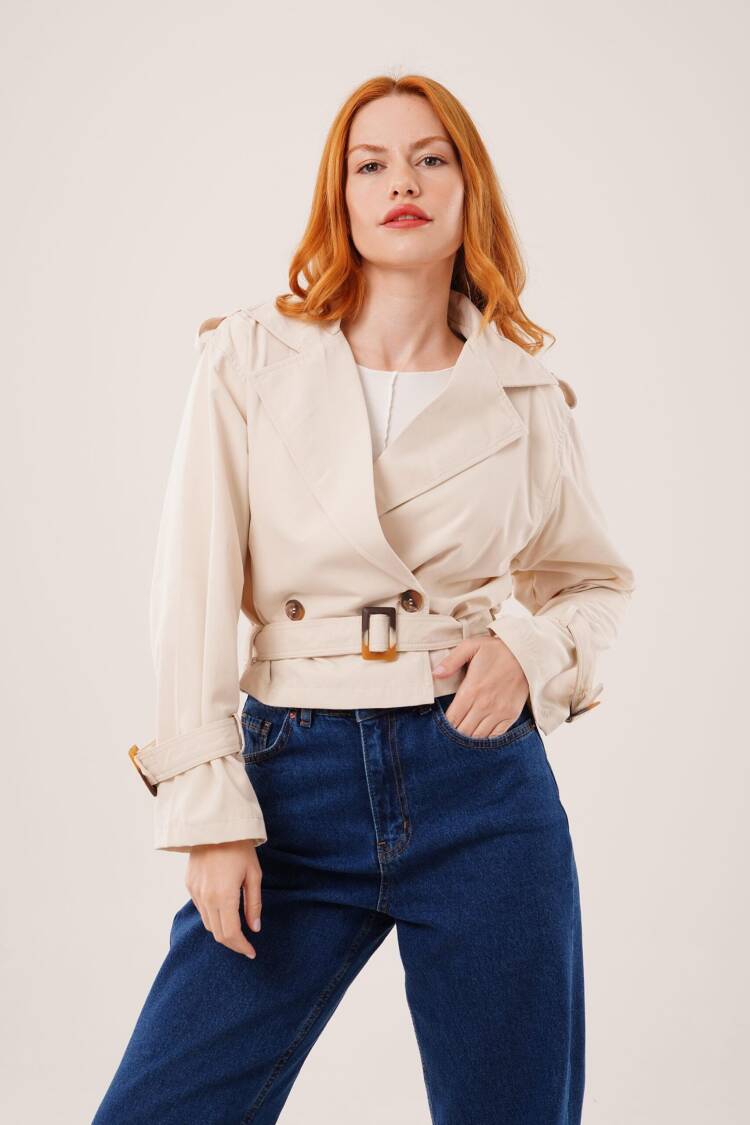 Beige Trenchcoat - Elegant Single-Breasted Wrapover - Brand: Lustrin - Women & Kids, Baby Clothes Wholesale - Globality Store