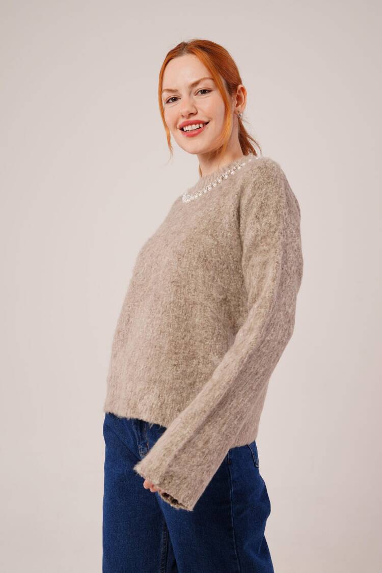 Beige Sweater With Crew Neck And Long Sleeves - Brand: Lustrin - Women & Kids, Baby Clothes Wholesale - Globality Store