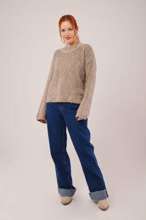 Beige Sweater With Crew Neck And Long Sleeves - Brand: Lustrin - Women & Kids, Baby Clothes Wholesale - Globality Store