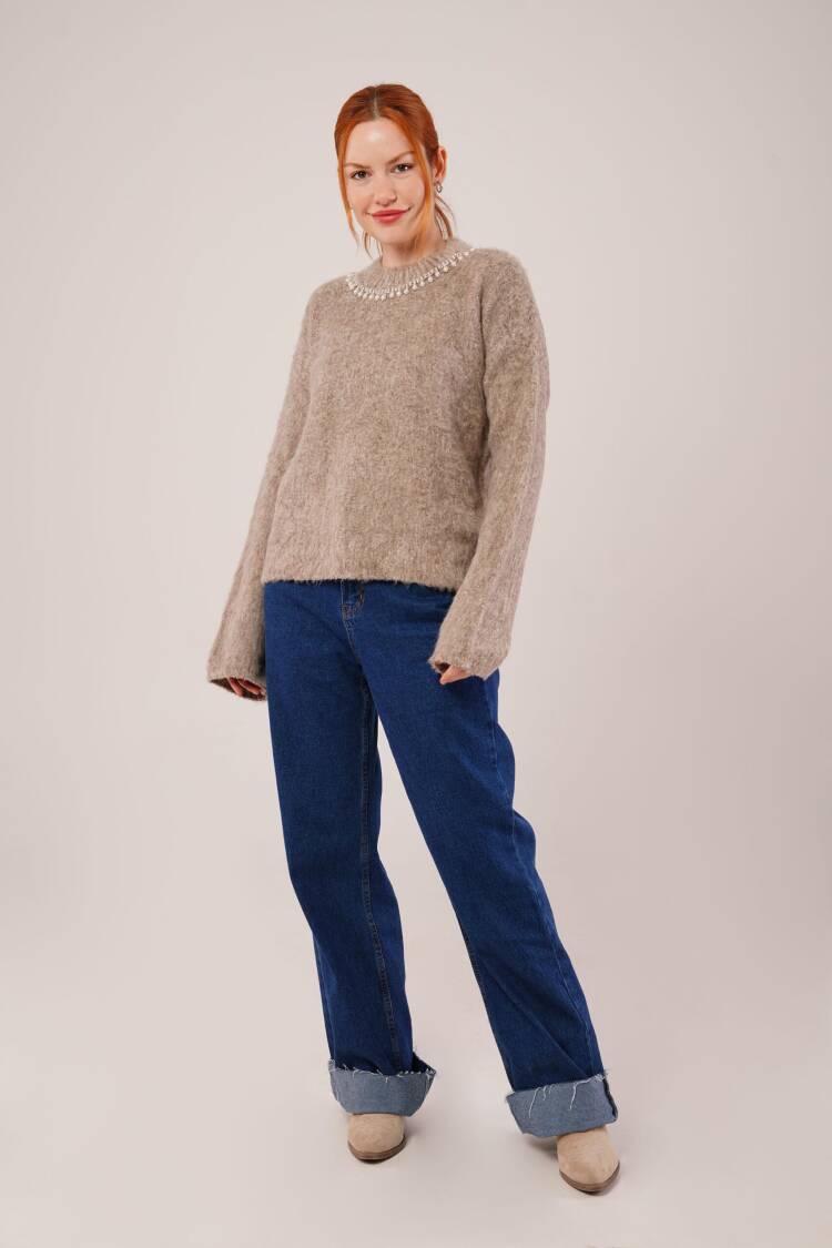 Beige Sweater With Crew Neck And Long Sleeves