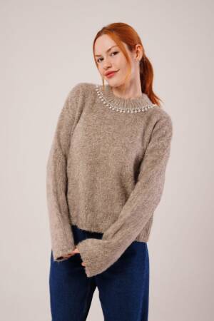 Beige Sweater With Crew Neck And Long Sleeves - Brand: Lustrin - Women & Kids, Baby Clothes Wholesale - Globality Store