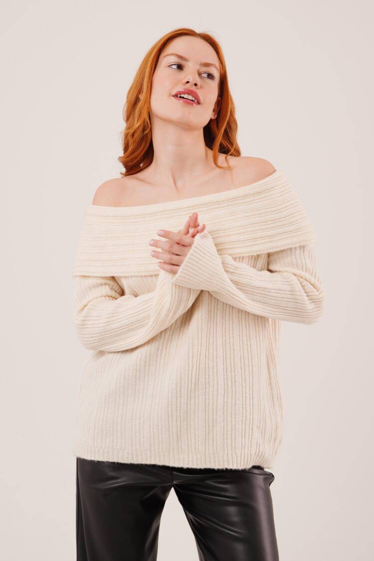 Beige Sweater With Off Shoulder Neck And Long Sleeves