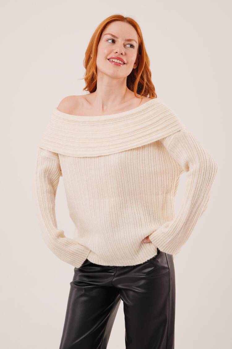 Beige Sweater With Off Shoulder Neck And Long Sleeves