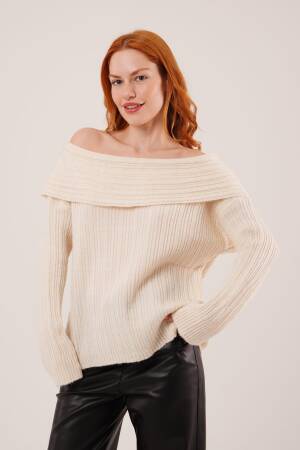 Beige Sweater With Off Shoulder Neck And Long Sleeves - Brand: Lustrin - Women & Kids, Baby Clothes Wholesale - Globality Store