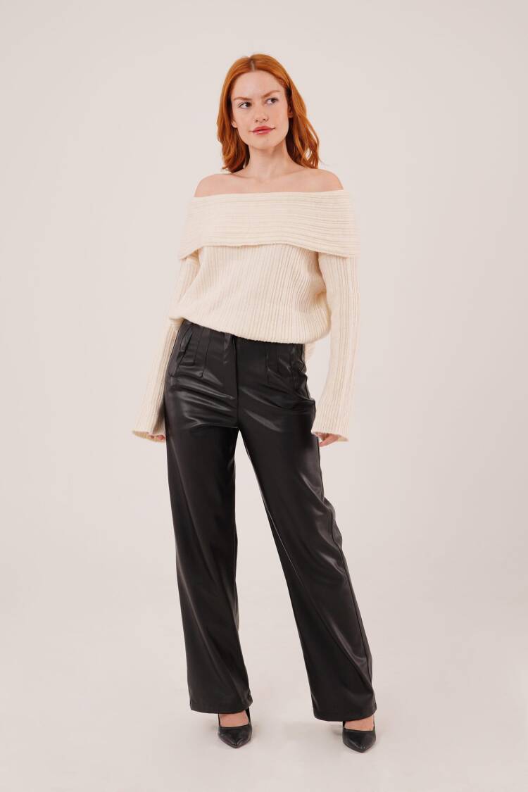 Beige Sweater With Off Shoulder Neck And Long Sleeves