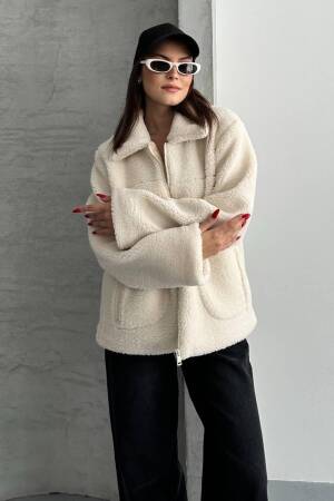 Ecru Teddy Jacket Oversized Fit With Zipper Pocket - Brand: My Jest Fashion - Women & Kids, Baby Clothes Wholesale - Globality Store