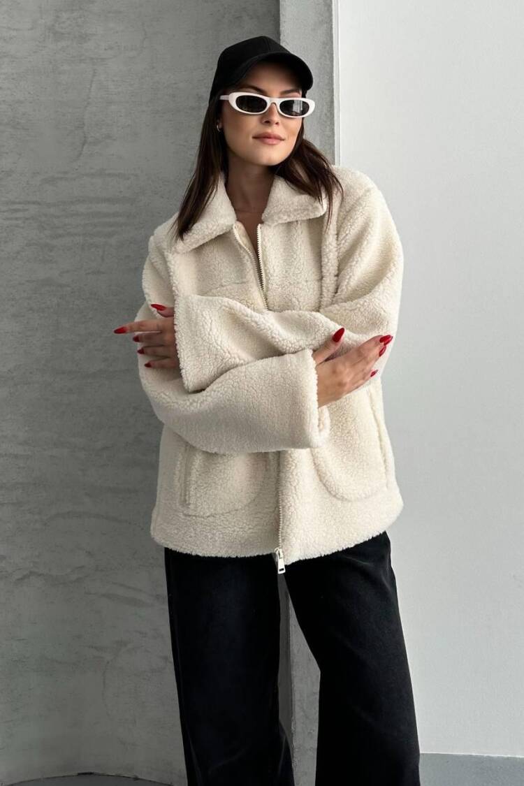 Ecru Teddy Jacket Oversized Fit With Zipper Pocket - Brand: My Jest Fashion - Women & Kids, Baby Clothes Wholesale - Globality Store