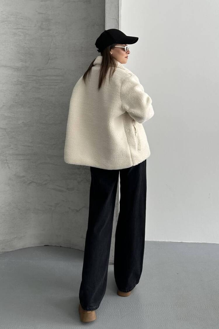 Ecru Teddy Jacket Oversized Fit With Zipper Pocket
