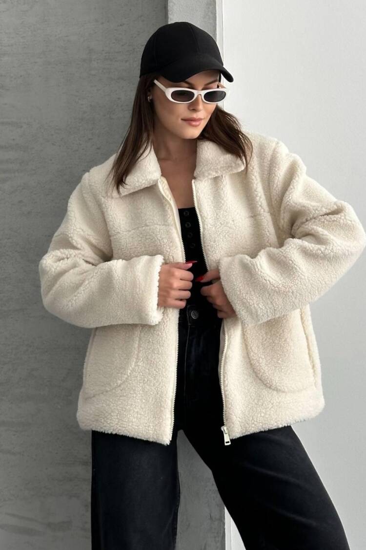 Ecru Teddy Jacket Oversized Fit With Zipper Pocket