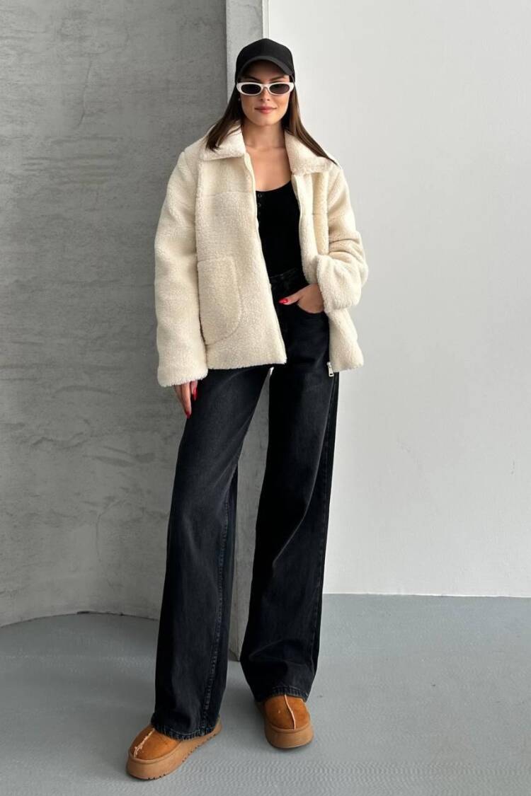 Ecru Teddy Jacket Oversized Fit With Zipper Pocket