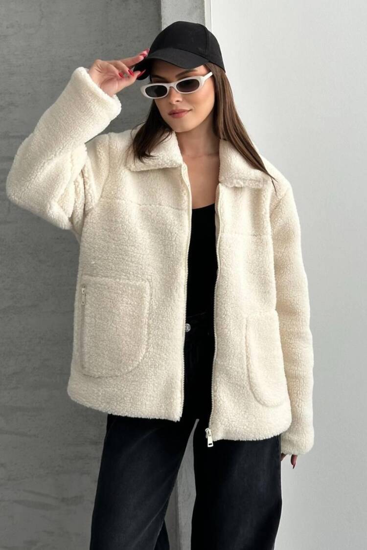 Ecru Teddy Jacket Oversized Fit With Zipper Pocket