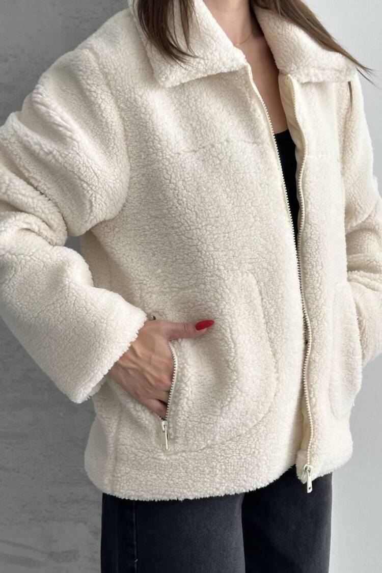 Ecru Teddy Jacket Oversized Fit With Zipper Pocket