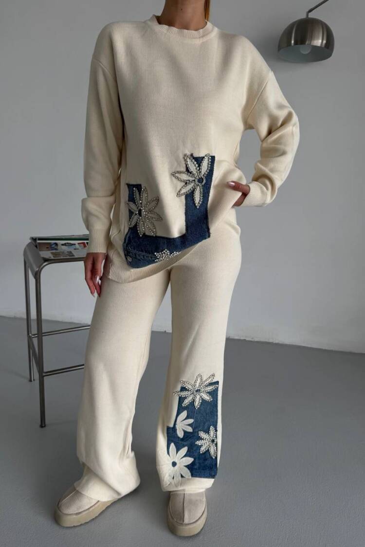 Beige Elegant Boho Set With Palazzo Pants