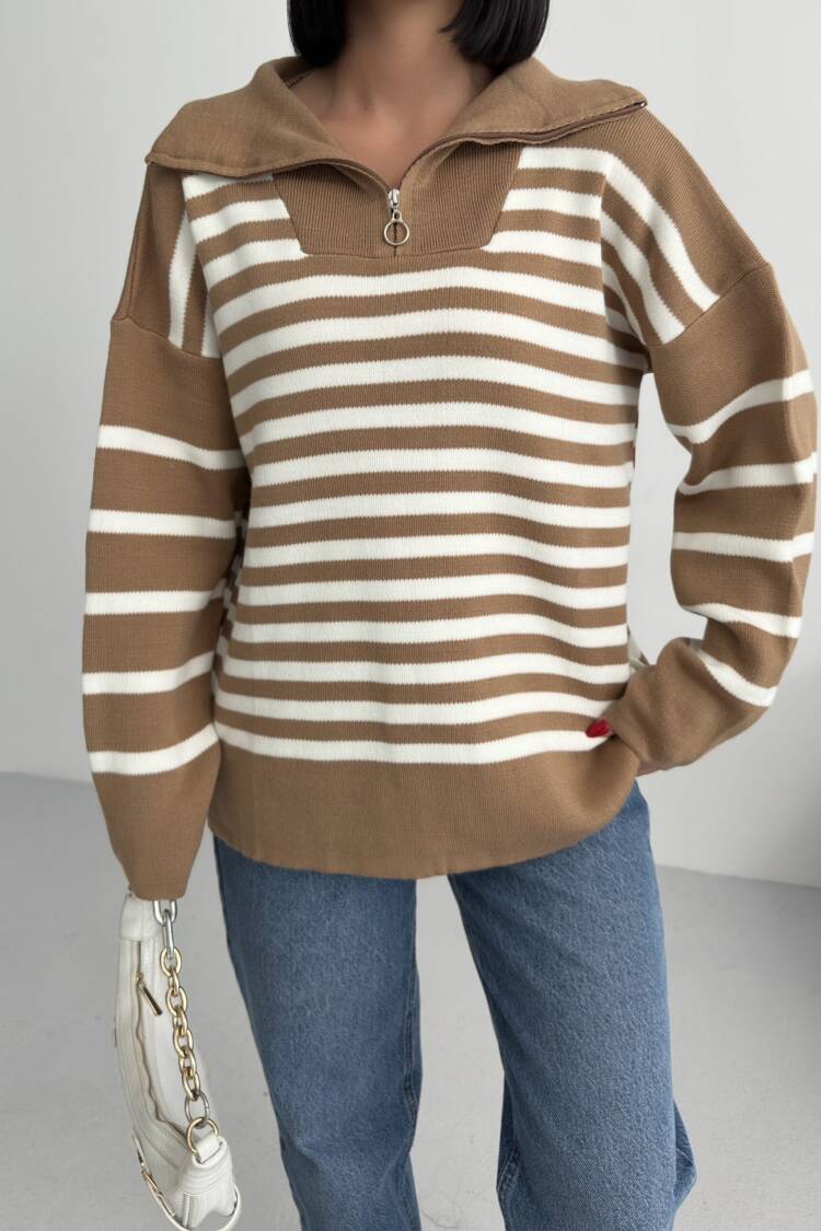 Beige Striped Oversized Fit Sweater With Hooded Neck
