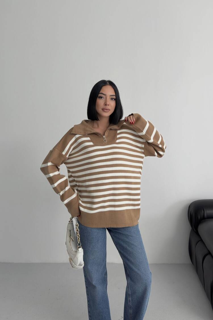 Beige Striped Oversized Fit Sweater With Hooded Neck - Brand: My Fashion - Women & Kids, Baby Clothes Wholesale - Globality Store