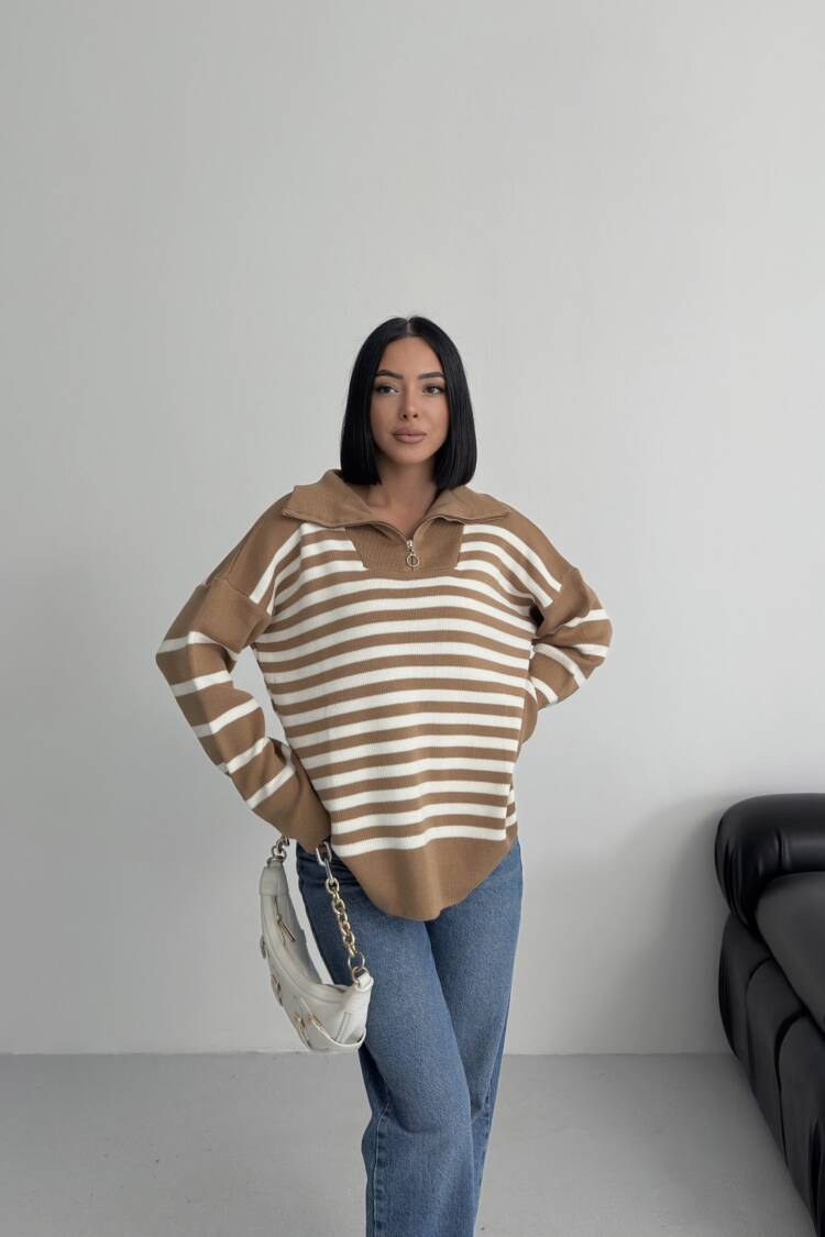 Beige Striped Oversized Fit Sweater With Hooded Neck