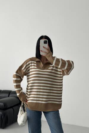 Beige Striped Oversized Fit Sweater With Hooded Neck - Brand: My Fashion - Women & Kids, Baby Clothes Wholesale - Globality Store