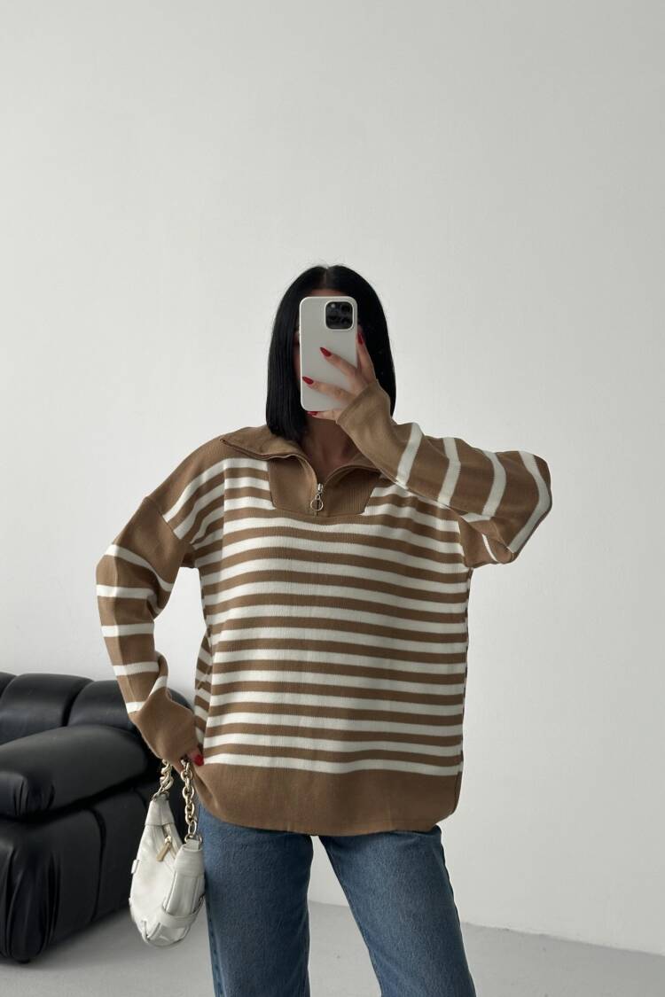 Beige Striped Oversized Fit Sweater With Hooded Neck