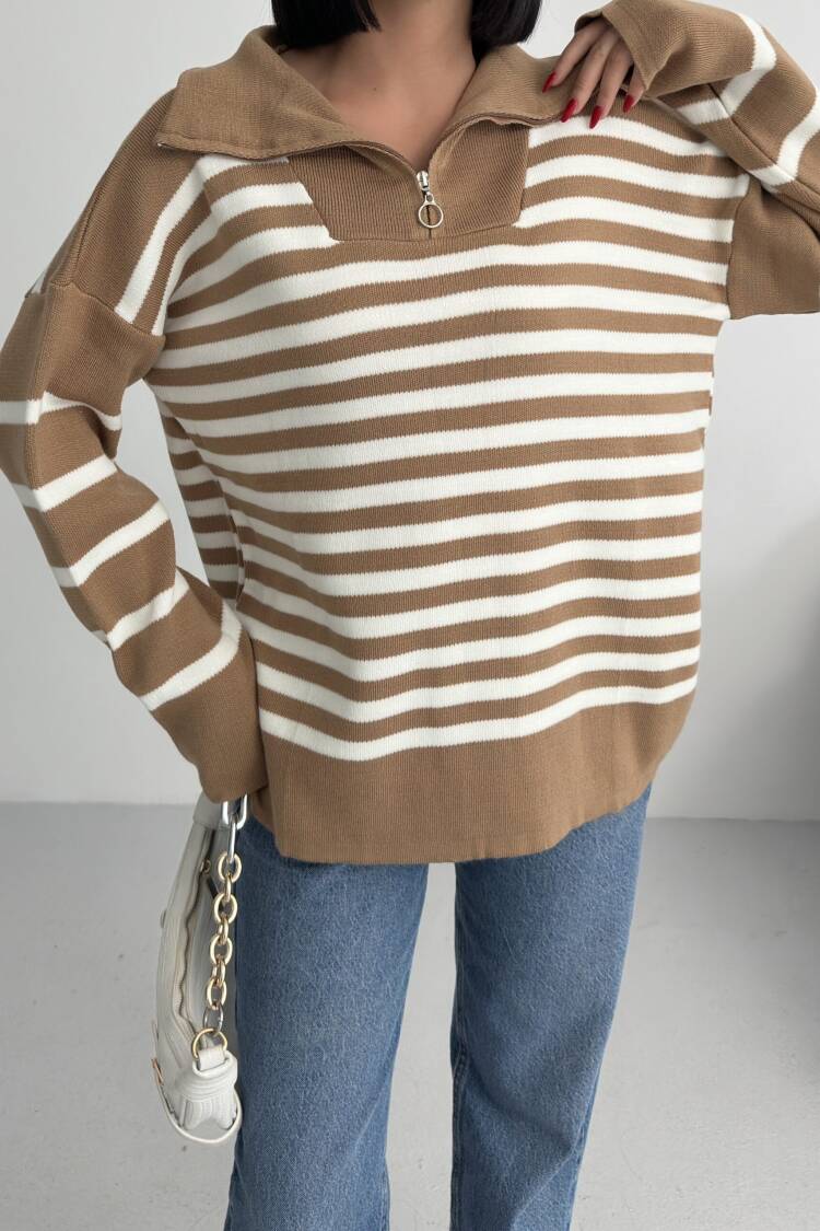 Beige Striped Oversized Fit Sweater With Hooded Neck