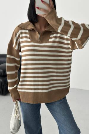 Beige Striped Oversized Fit Sweater With Hooded Neck - Brand: My Fashion - Women & Kids, Baby Clothes Wholesale - Globality Store