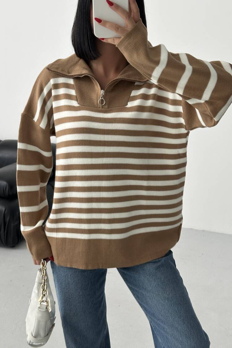 Beige Striped Oversized Fit Sweater With Hooded Neck