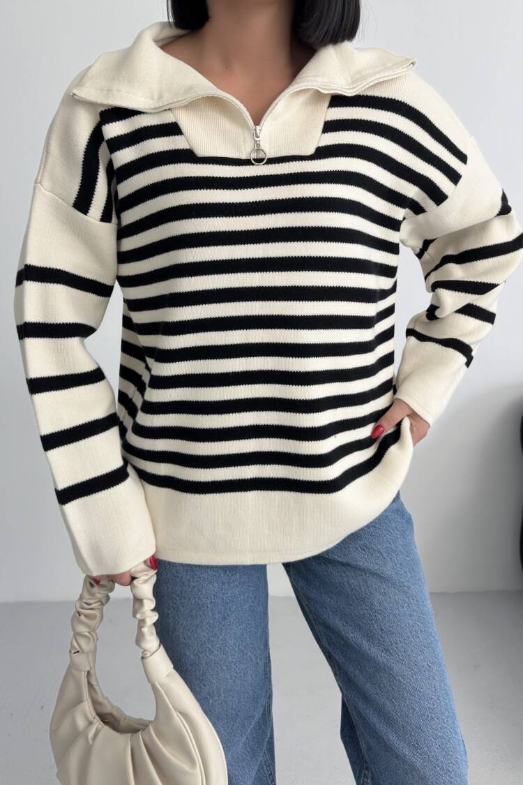 Beige Oversized Fit Striped Sweater