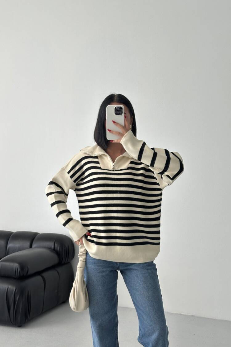 Beige Oversized Fit Striped Sweater