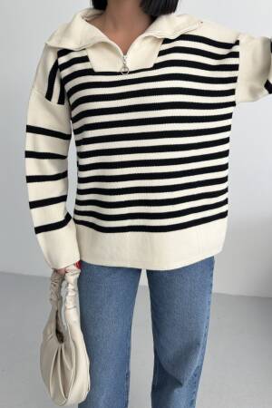 Beige Oversized Fit Striped Sweater - Brand: My Fashion - Women & Kids, Baby Clothes Wholesale - Globality Store