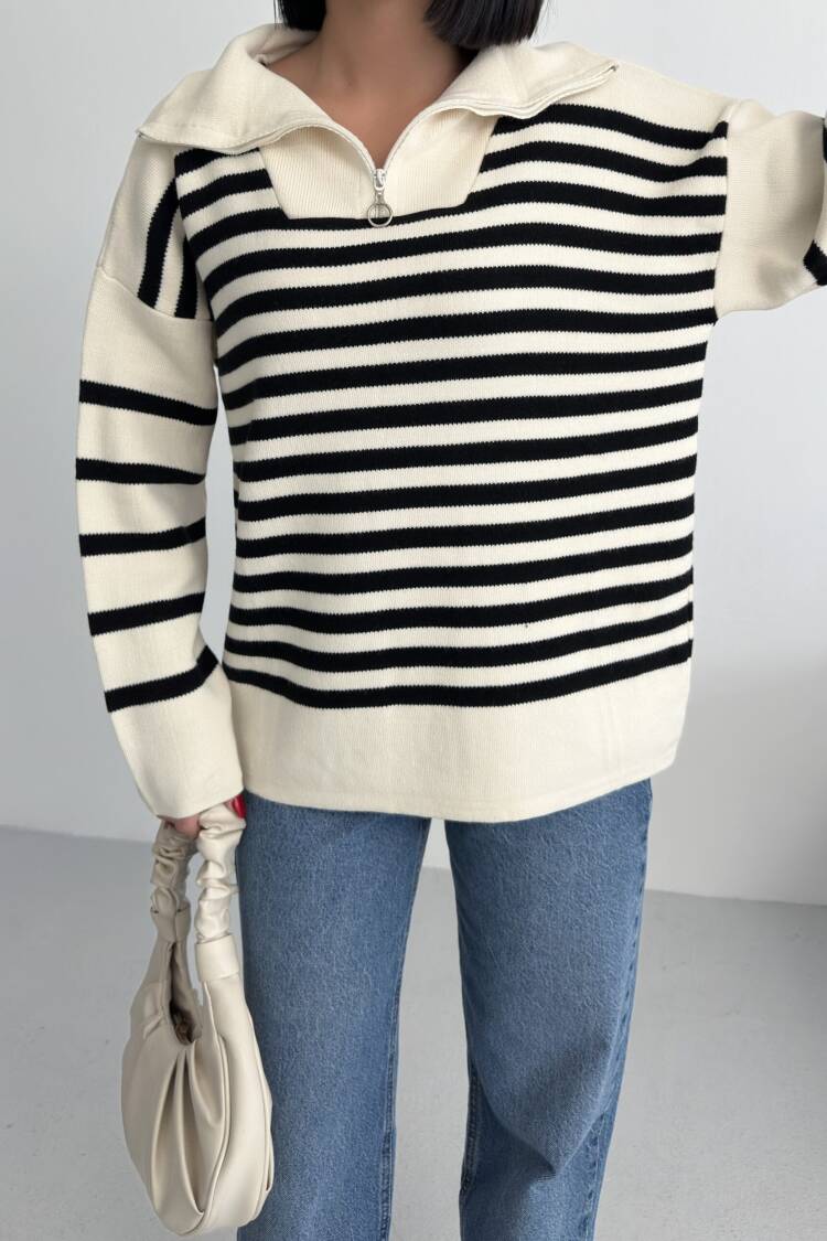 Beige Oversized Fit Striped Sweater