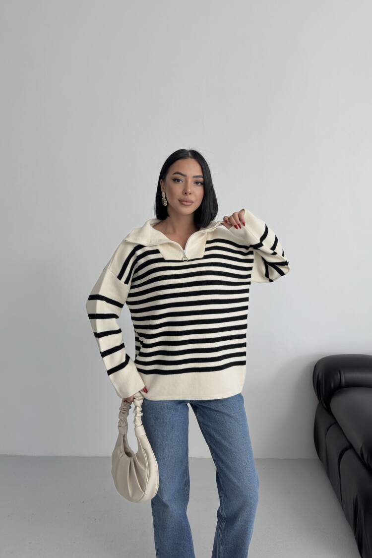 Beige Oversized Fit Striped Sweater