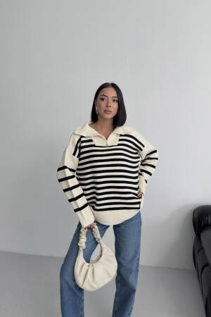 Beige Oversized Fit Striped Sweater - Brand: My Fashion - Women & Kids, Baby Clothes Wholesale - Globality Store