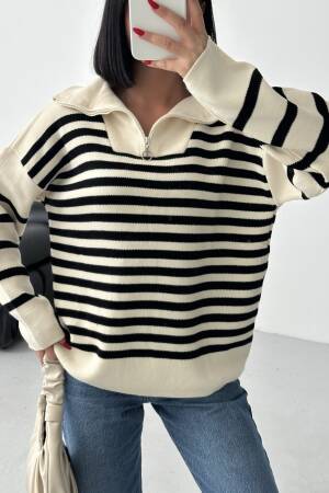Beige Oversized Fit Striped Sweater - Brand: My Fashion - Women & Kids, Baby Clothes Wholesale - Globality Store