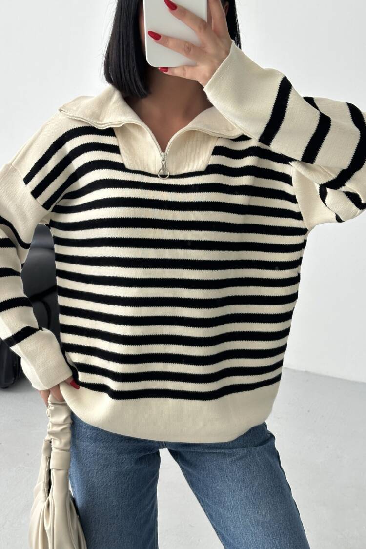 Beige Oversized Fit Striped Sweater