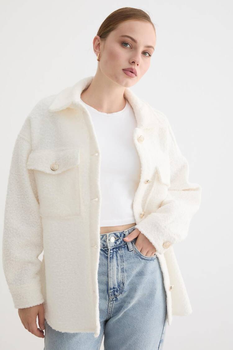 White Oversized Shacket Teddy Coat With Flap Pockets - Brand: Levure - Women & Kids, Baby Clothes Wholesale - Globality Store