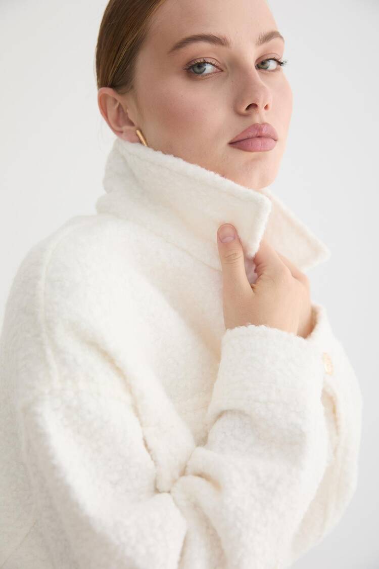 White Oversized Shacket Teddy Coat With Flap Pockets