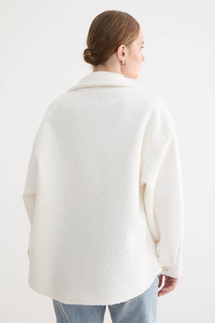White Oversized Shacket Teddy Coat With Flap Pockets